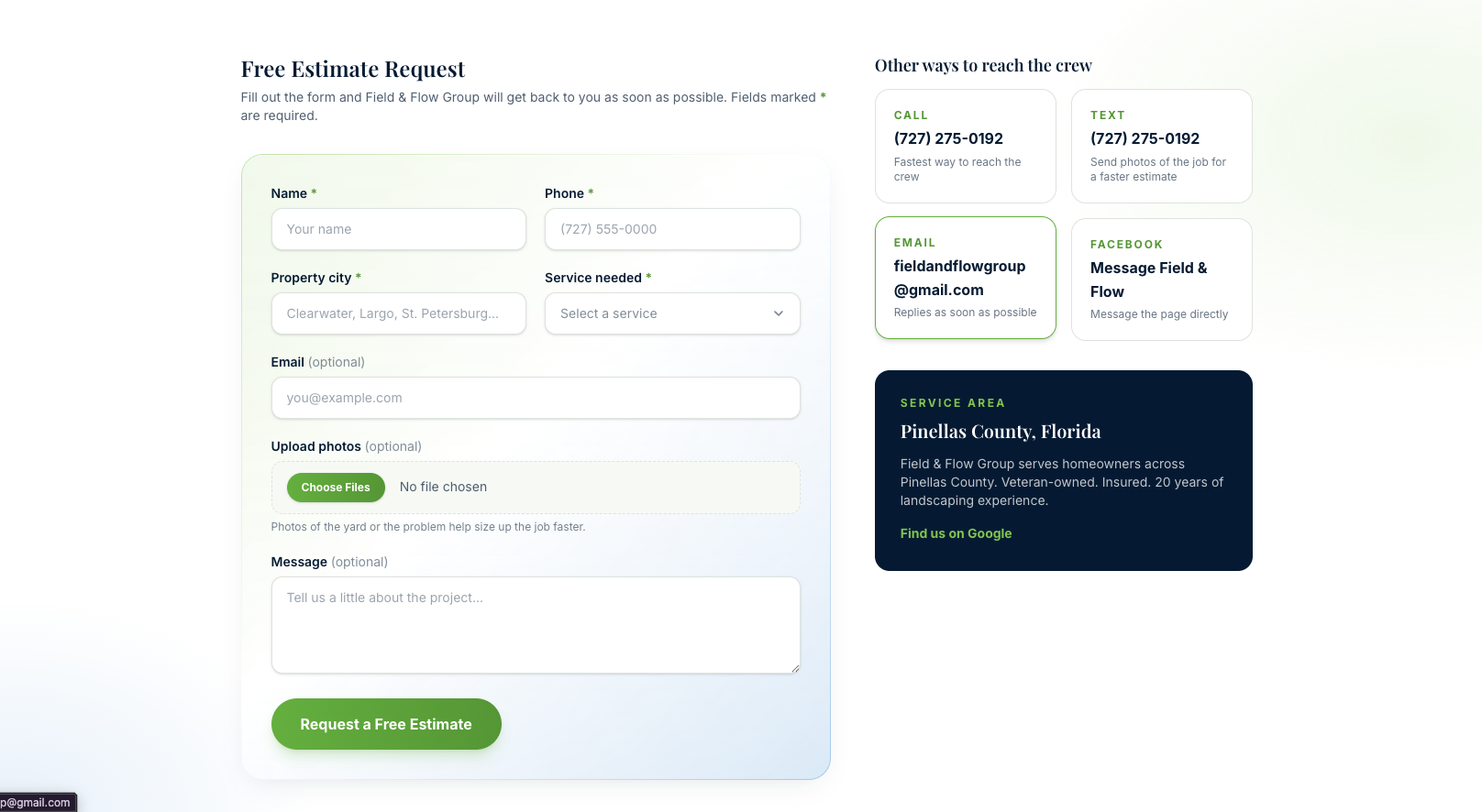 Field & Flow Group contact and estimate page