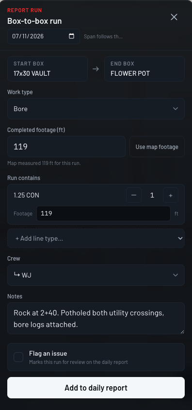 Voro FiberOps report-run panel capturing footage, work type, crew, and notes